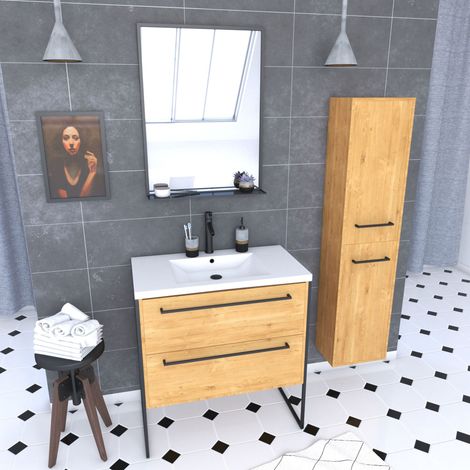 Pack mobile bagno 80  con piedini, 2 cassetti rovere, lavabo resina bianca, specchio, colonna 150