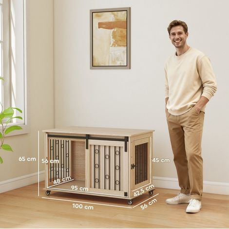 Cage pour chien à roulettes 100 x 56 x 65 cm chêne HAVRYA (1/3)