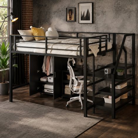 Letto a soppalco per bambini 140x200 cm in metallo/MDF nero, salvaspazio, senza materasso – MEUBLIV (1/5)