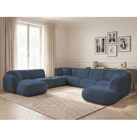 BOBOCHIC - Canapé panoramique fixe modulable ANDA avec 3 chauffeuses, 1 méridienne, 2 angles et 1 pouf Angle gauche  Bleu foncé
