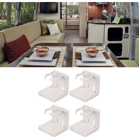 Porte-gobelet pliable et réglable, support mural en plastique, porte-bouteille pour voiture avec vis de fixation et adhésif double face. Convient aux camping-cars, voitures et bateaux. Blanc. (1/5)