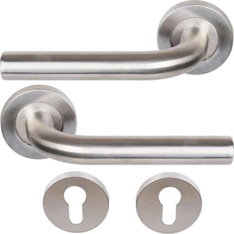 Coppia di Maniglie KLOSE Besser con Rosette, modello “Elsa” a L, in acciaio inox 304 +1 Coppia di rose cilindriche