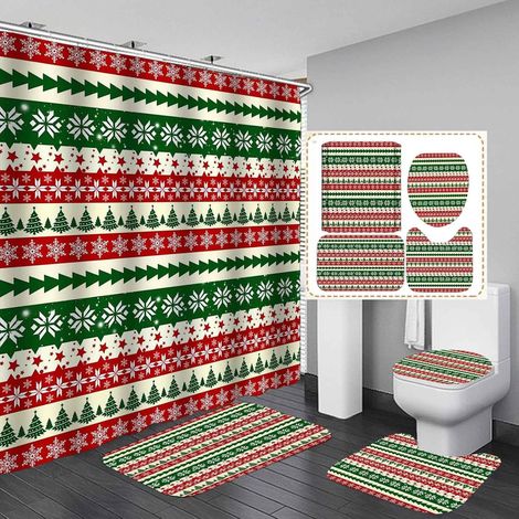 Rideau De Douche - Tapis De Bain Anti-dérapant - Housse De Couvercle De WC - Ensemble De Décoration De Salle De Bains Pour Noël - 4 Pièces (1/5)