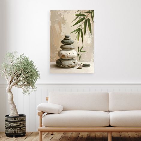 Wandbild Zen Spa Steine Bambusblätter in Beige 70x100