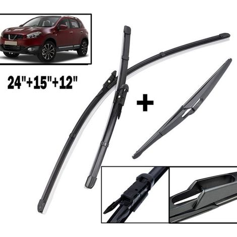 Lot de 3 Balais d'essuie-glace avant et arrière pour Nissan Qashqai J10 2006 2007 2008 2009 2010 2011 2012 2013