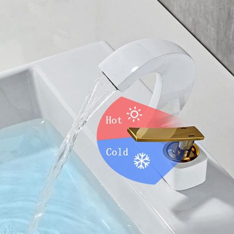 Robinet cascade doré pour lavabo – Monocommande, eau chaude et froide, design moderne (1/5)