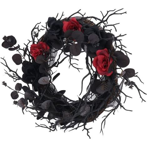 Halloween-Dekoration: Künstlicher Kranz 51 cm mit schwarzem Eukalyptus und Rosen, für Tür, Fenster, Kamin, Innen- und Außenwand.