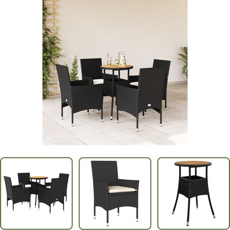 Gartenessgruppe - 5-tlg. Garten-Essgruppe mit Kissen Schwarz Poly Rattan Akazie (1/5)