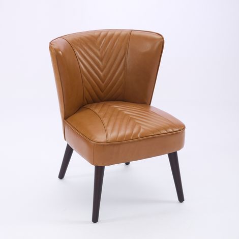 Fauteuil lounge de salon en cuir véritable marron clair sans accoudoirs – piètement en bois d’hévéa massif, fauteuil de confort moderne
