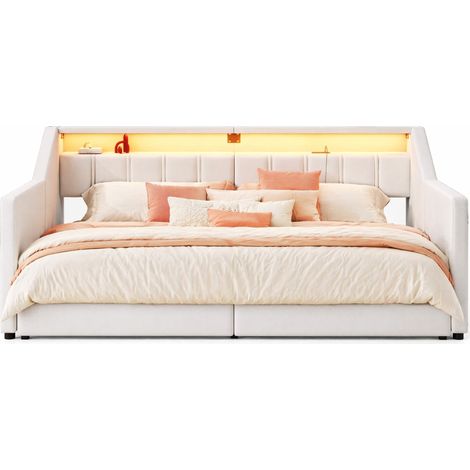 Lit gigogne 90 x 200 cm avec USB, Type-C, LED, 2 tiroirs, poches de rangement, extensible 180 x 200 cm, beige – CHICFURN (1/5)