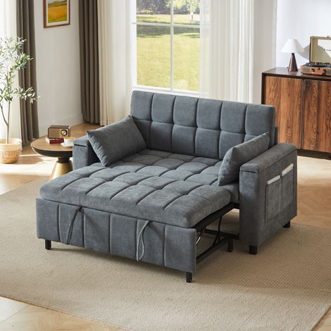 Canapé-lit gigogne 2 places 3 en 1 avec rangements dans les accoudoirs, poches latérales, cadre métallique renforcé et 2 coussins, chenille, Gris (1/5)