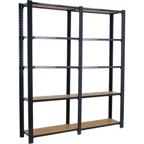 OFFICLICK Étagère 5 étagères en métal sans vis (210x160x30cm) ANTHRACITE ET OSB (1/5)