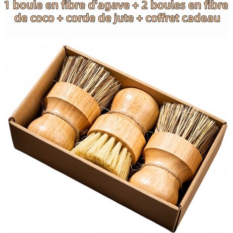 1 boîte de brosses de vaisselle 1 brosse en sisal 2 brosses en fibre de coco avec corde de chanvre coffret cadeau adaptées aux casseroles poêles légumes pour le nettoyage ménager couleur selon l image (1/5)