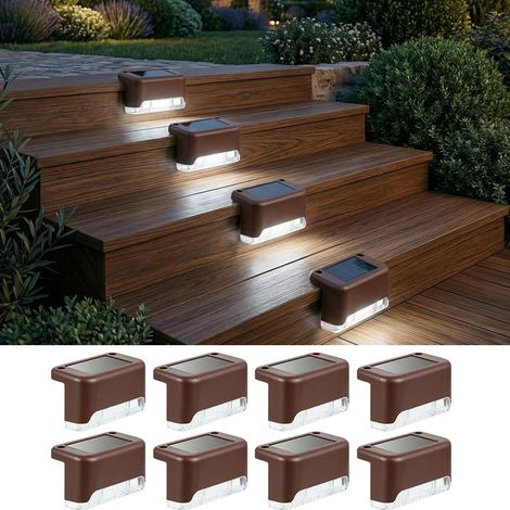 Lot de 8 lampes solaires extérieures LED étanches IP65 pour escalier marche clôture cour terrasse lumière blanche corps couleur marron (1/5)