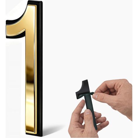 Chiffres de maison dorés 10 cm extérieur, autocollants boîte aux lettres avec finition galvanoplastique exclusive et socle ABS résistant, pour plaques de maison, jardins, – Chiffre « 1 » (1/5)