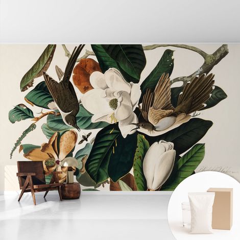 Papier peint intissé mural pour salon chambre à coucher tendance et originale - Colle incluse gratuite Oiseaux et magnolias 416x254 cm (1/5)