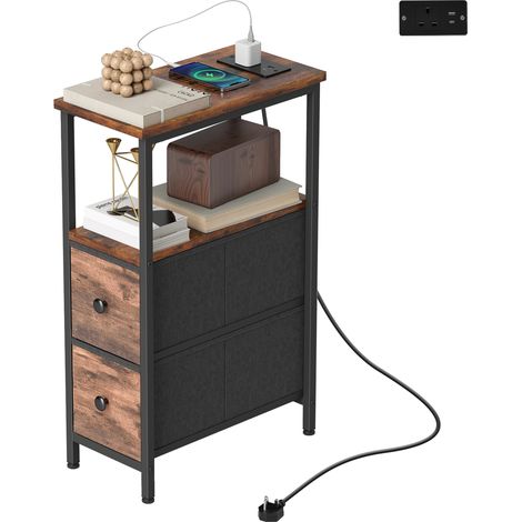 Side Table, Narrow Bedside Table with Charging Station, 2 Drawers, AC Outlet 2 USB Ports for Living Room, Bedroom (1/5)