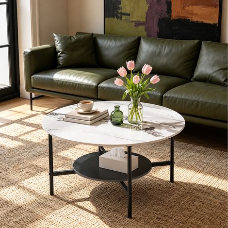 80cm Round Sintered Stone Coffee Table 2 Tier Shelf Black Metal Frame White Top (1/5)