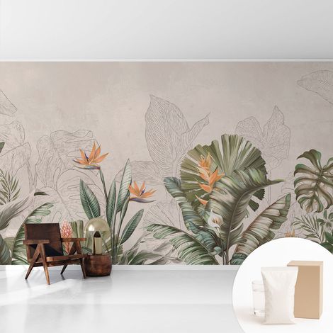 Fototapete Tapete Vliestapete mit Kleber - trendige Wanddeko - Schlafzimmer - Wohnzimmer Tropische Blumen 416x254 cm (1/5)