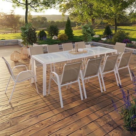 Conjunto de muebles de jardín MADRID mesa 240 CM y 10 sillas apilables blanco y beige