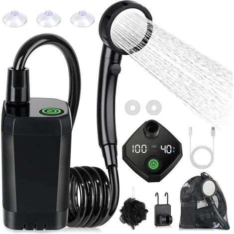 Douche de camping portable électrique rechargeable 6000mAh avec afficheur température et batterie, 4 modes, filtre PP (1/5)