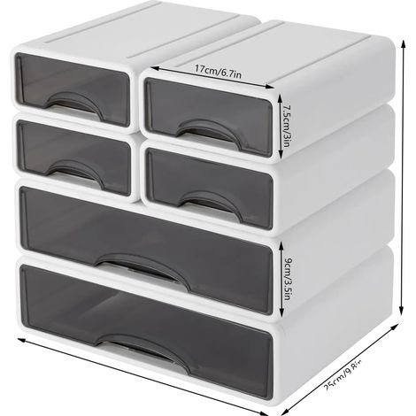 Organizador de escritorio, diseño de 6 cajones, solución de almacenamiento apilable, 34x25x33cm, BLANCO (1/2)