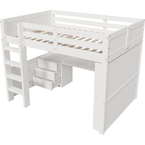 Kinder-Hochbett 140x200 cm Weiß mit LED, Schreibtisch, Schrank und Stauraum, ohne Matratze (1/5)