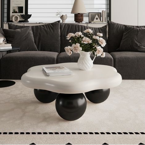 Table basse nuage 80x80x35 cm noir et blanc en MDF avec pieds sphériques et bords arrondis (1/5)