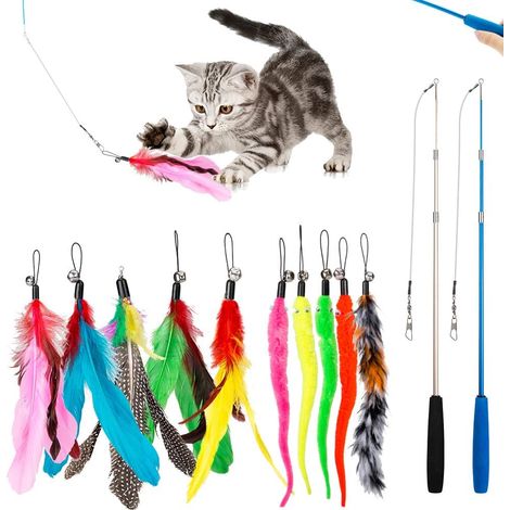 Jouet interactif à plumes pour chat : comprend 2 cannes télescopiques et 10 embouts de rechange avec grelots. (1/5)