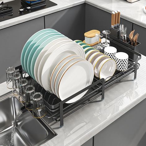 Égouttoir à vaisselle réglable en longueur avec gouttière d'écoulement rotative à 360° et bac d'égouttement amovible - Organisation de la cuisine peu encombrante pour les petits espaces (noir (1/5)