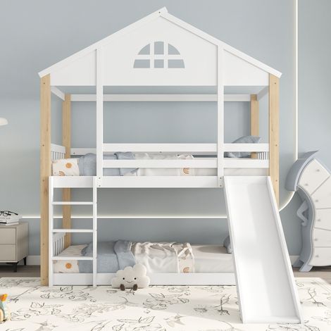 Lit superposé 90x200cm blanc et naturel, fenêtres décoratives, échelle 3 marches et toboggan, structure maison, barrières anti-chute, cadre en pin (1/5)