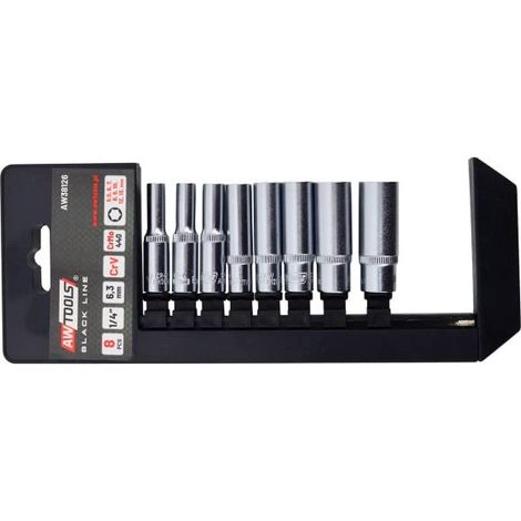Juego de Cabezas Largas AWTOOLS 1/4" 8 piezas Black Line, herramientas de alta calidad, ideales para trabajos de precisión, duraderas y resistentes, perfectas para reparaciones