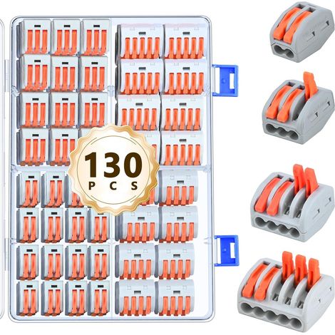 130PCS Connecteur Électrique à Levier 2 3 4 5 Ports, Bloc de Jonction Compact pour Fil Solide (28-12 AWG) et Fil Souple (28-14 AWG), 32A/4KV Haute Sécurité pour Installation Domestique (1/5)