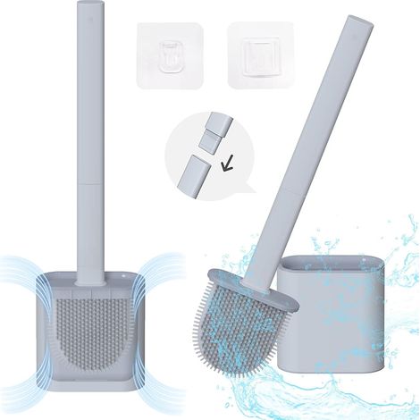 Brosse WC en silicone avec support mural, long manche, antibactérienne, flexible, plate, séchage rapide, grise. (1/5)