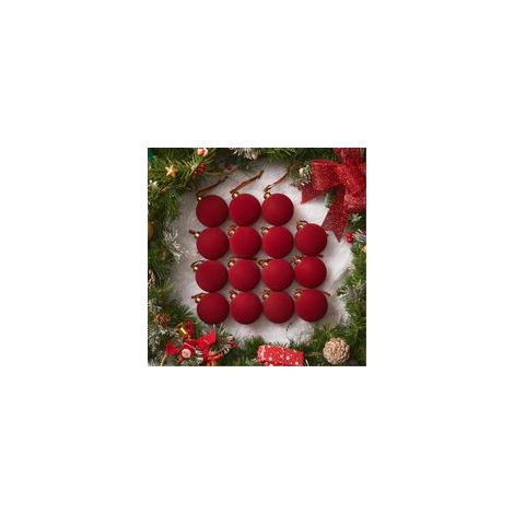 Lot de 15 boules de Noël en velours rouge, 8 cm, décorations en velours pour sapin de Noël, boules décoratives floquées pour fêtes de famille, mariages, Noël, décoration à suspendre