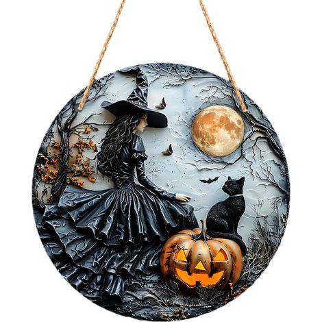 Décor d'Halloween pour porte d'entrée, cintre de porte d'Halloween Panneau de bienvenue de porte effrayante,Cintre de porte en acrylique, chat noir, lune, citrouille, décoration de la maison, Art mu (1/4)