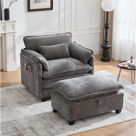 Canapé 1 place avec pouf de rangement et poche latérale, en chenille grise, pour salon, chambre et bureau (1/5)