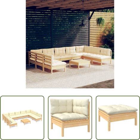 Terrassensofa - 10-tlg. Garten-Lounge-Set mit Creme Kissen Massivholz Kiefer (1/5)