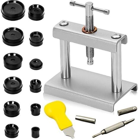 Kit de presse horloge : 15 pièces d'outils d'insertion, fermeture de boîtier avec 12 plaques de pression, inserts en plastique, presse de couvercle de montre, outil de réparation (1/5)