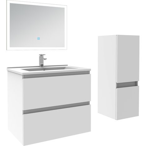 Ensemble meuble de salle de bain 60cm, vasque céramique + colonne bas + miroir lumineux, blanc