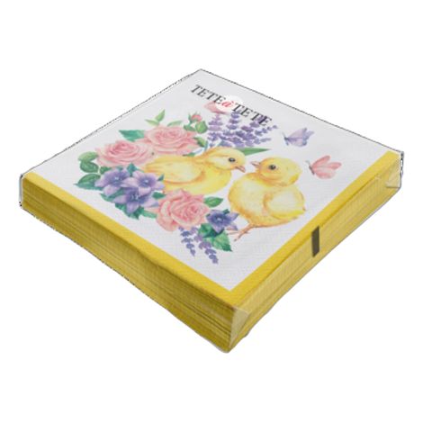 Tete a Tete Servietten, Küken und Blumen, 3-lagig, 33 x 33 cm, 1/4 gefaltet, 20 Stück pro Packung