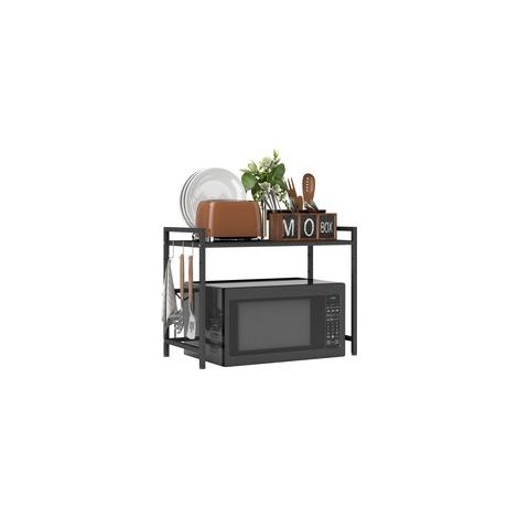 Étagère à micro-ondes extensible à 2 niveaux avec 3 crochets et cadre en métal, noir