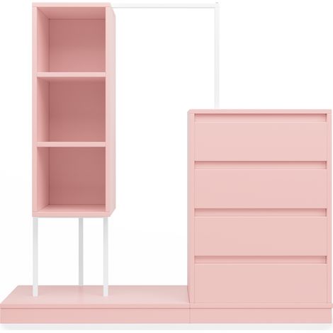 Commode et armoire rose avec penderie, 140x40x135 cm, blanc et rose (1/5)