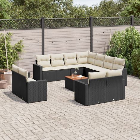 Ensemble de jardin 12 places en résine tressée noir avec coussins et table en acacia - Salon modulaire (1/3)