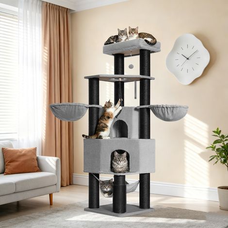 Arbre à Chat XXL Gros Poteaux, 55 x 55 x 183 cm, Gris Clair Grandes Grottes, 10 Griffoirs, Perchoir, Paniers, Poteau de Toilettage, Hamac, Corde en Sisal, pour Maine Coons (1/5)