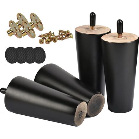Lot de 4 pieds de meuble en bois massif, 15 cm, noir, avec boulons M8, plaque de montage, vis et tapis antidérapant pour canapé, fauteuil, meuble TV (1/5)