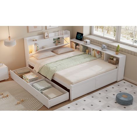 Doppelbett 140/200 cm weiß aus Massivholz und MDF mit Stauraum und Beleuchtung (1/5)
