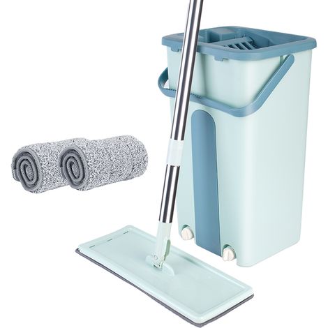 Juego de Mopa y Cubo, Mopa Plana Microfibra, Kit Fregona con Cubo Escurridor, 2 fregonas reutilizables y lavables Verde (1/5)