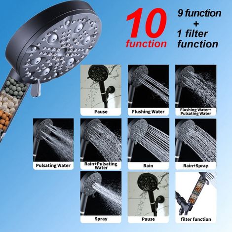 Showerhead Filtrant - 10 Modes - Tête de Douche à Main avec Filtre Intégré - Pour Peau Sèche et Irritée - Noir - 1 Pièce (1/3)