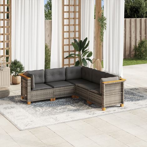 [Salon de jardin 5 places]  Salon modulaire en résine tressée grise, pieds en acacia, avec 8 coussins lavables (63.5x63.5x62 cm) (1/5)